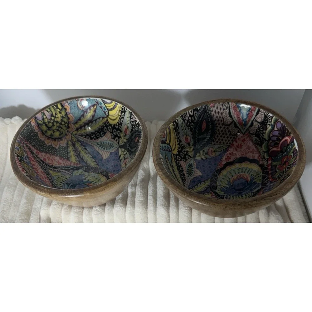 World Market Set of 2 Mango Wood Bowls Enamel Pattern 5.5